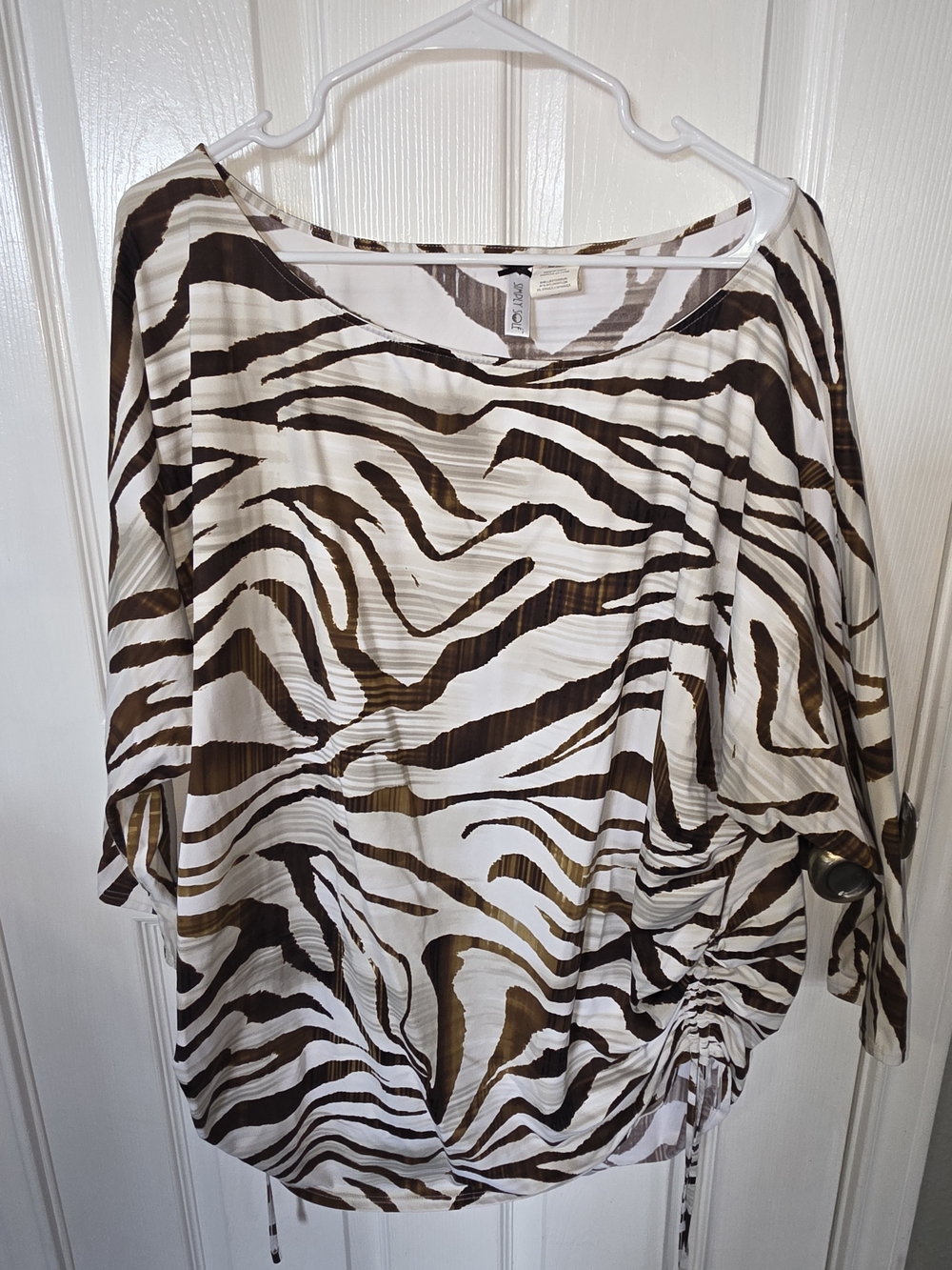 Women's Zebra Print Dolman Sleeve Top - White and Brown
